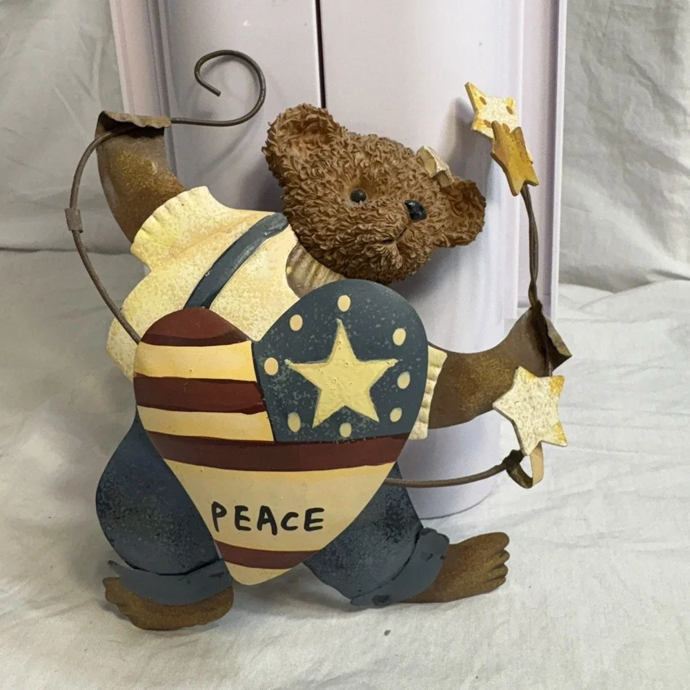 Patriotic Teddy Bear Wall Decor Set of 3 Americana Folk Art Stars Home Interiors